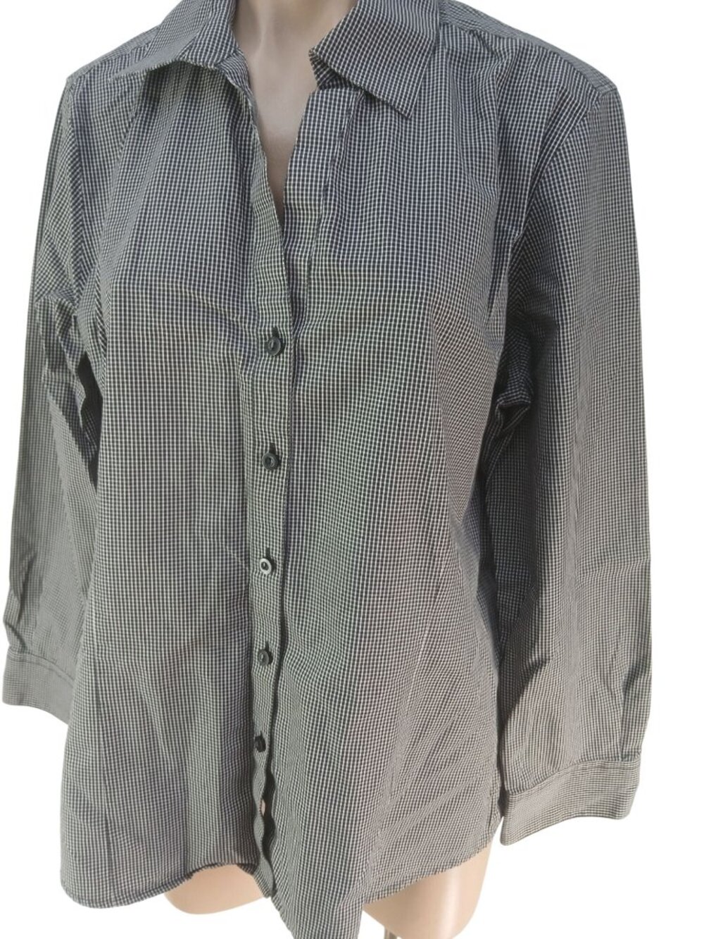 Foxcroft Womens Black White Checked Blouse Shirt Size XL Collar Button Cuffs